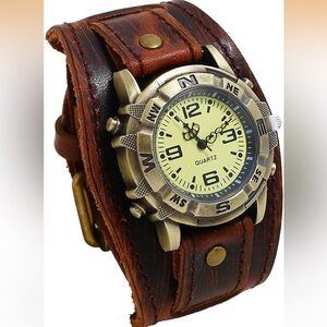 Wide Leather Cuff Watch Vintage Retro Quartz Punk Wristwatch